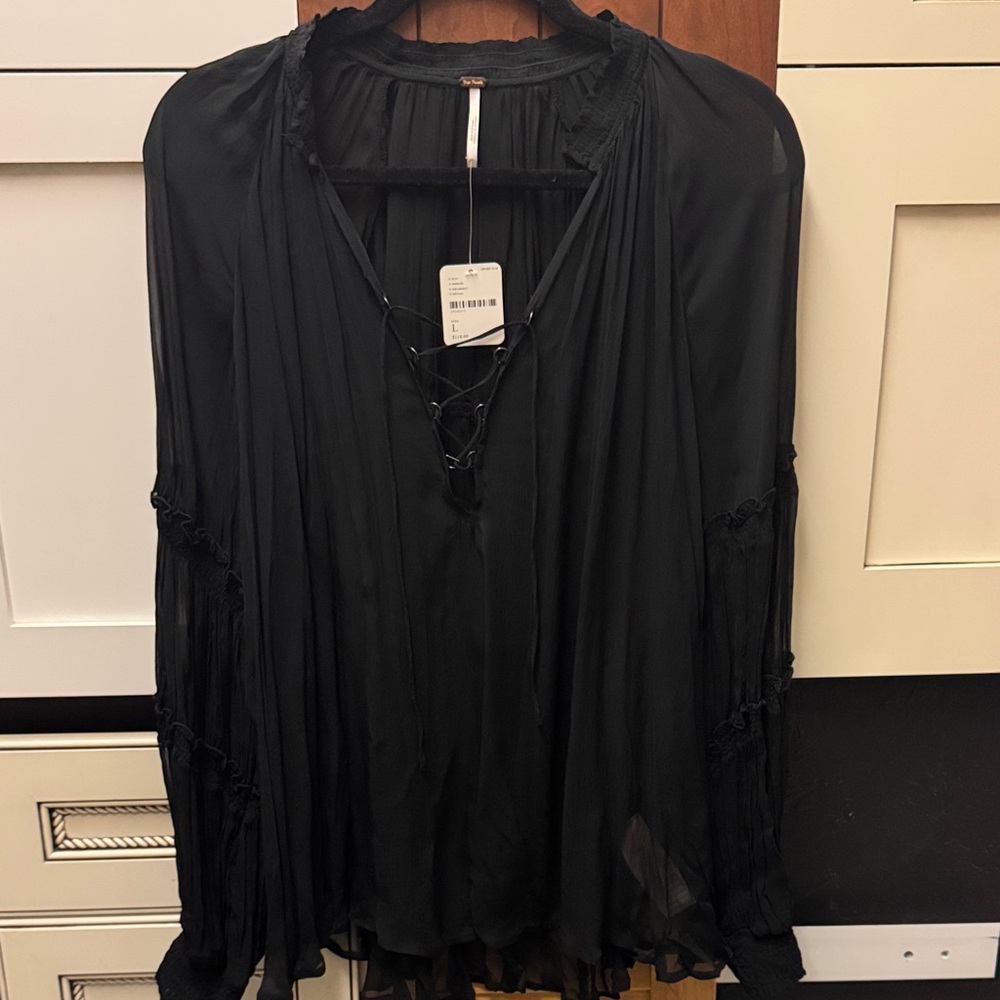 Free People NWT Black Lace-Up Sheer Peasant Top